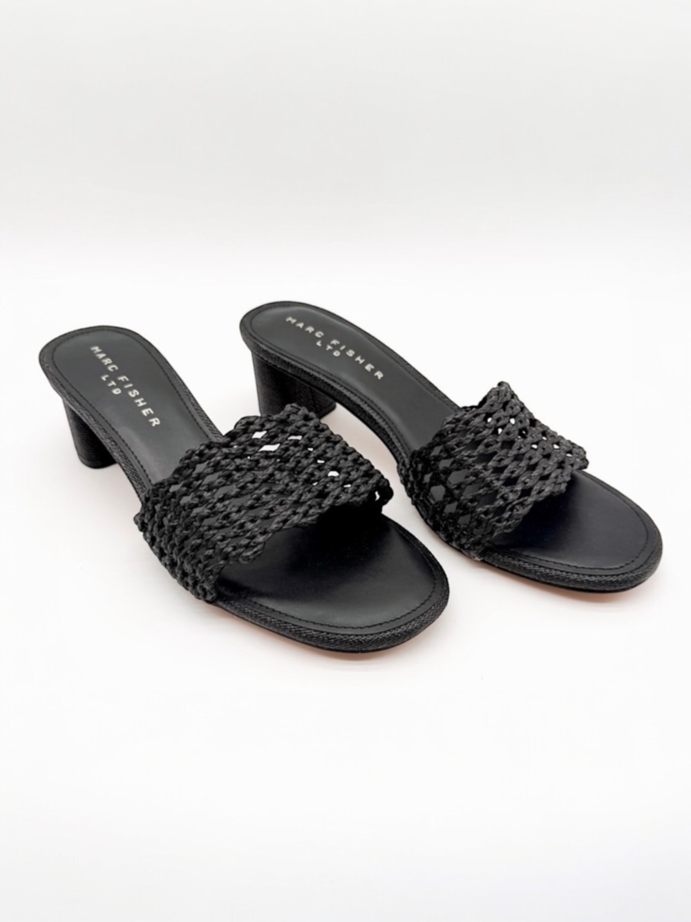 Marc Fisher LTD Jazmine Woven Slide Sandals Block Heel Mule Black 10 NEW